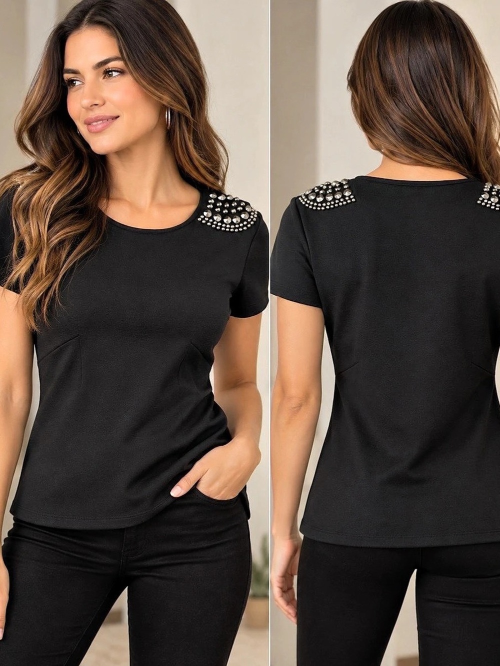WD.NY Embellished Shoulder Top in Black Size 8 NWT